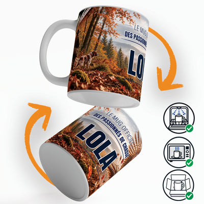 Mug chasse personnalisé qui tourne sur lui-même, avec trois pictogrammes : lave-vaisselle, micro-ondes et mug calé dans son emballage pour la livraison chez vous (exemple)