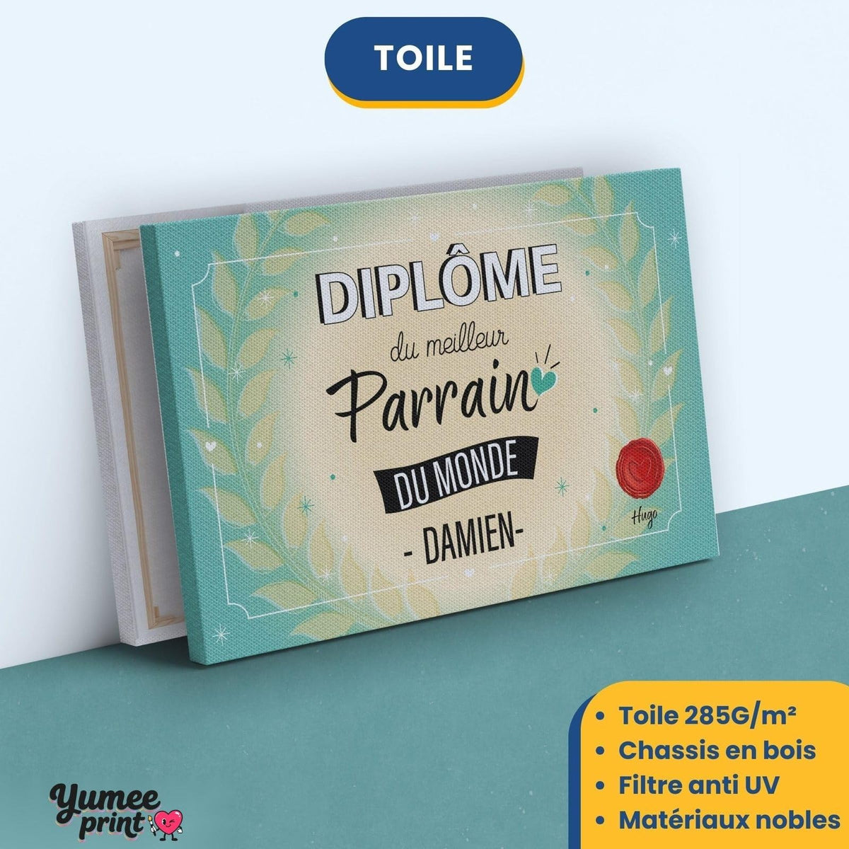 Diplôme « du meilleur parrain du monde » sur toile canvas tendue sur châssis en bois, avec son prénom et votre signature, imprimé puis livré chez vous (exemple)