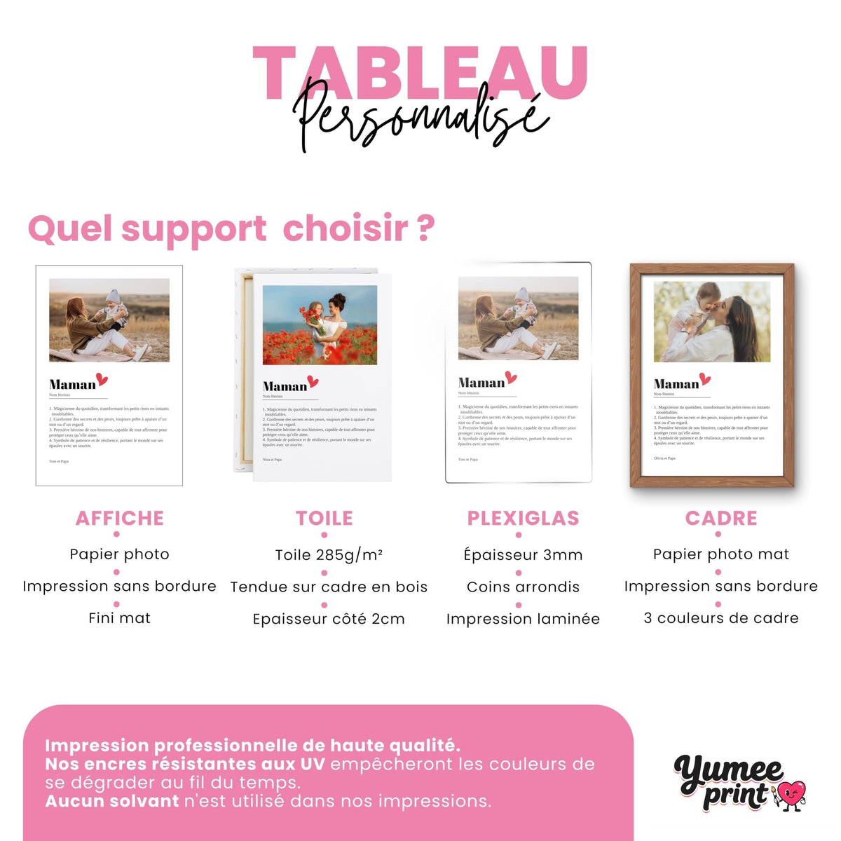 Affiche Maman façon définition en quatre finitions : affiche (poster), toile canvas, plexiglas ou cadre ; votre photo et vos textes, imprimés et livrés chez vous (exemple)