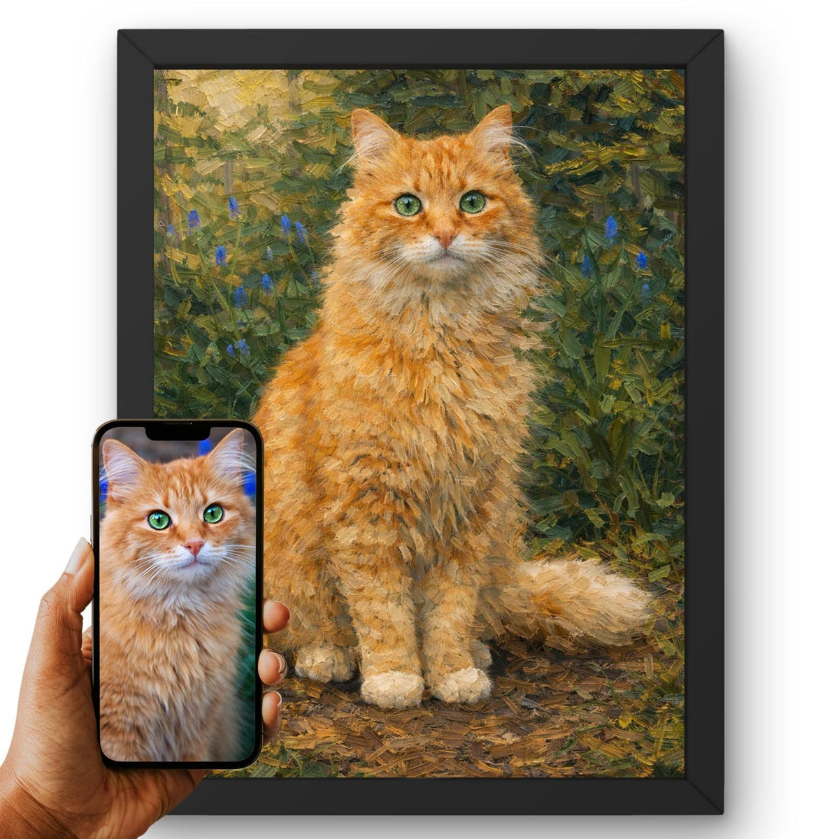 Création personnalisée : vous envoyez la photo de votre chat, elle devient un portrait façon peinture à l'huile, touches de pinceau épaisses, imprimé en cadre noir puis livré chez vous (exemple)
