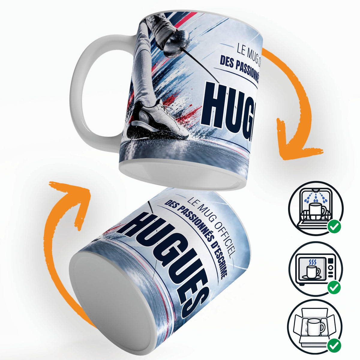 Mug escrime personnalisé qui tourne sur lui-même, avec trois pictogrammes : lave-vaisselle, micro-ondes et mug calé dans son emballage pour la livraison chez vous (exemple)