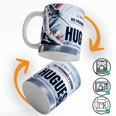 Mug escrime personnalisé qui tourne sur lui-même, avec trois pictogrammes : lave-vaisselle, micro-ondes et mug calé dans son emballage pour la livraison chez vous (exemple)
