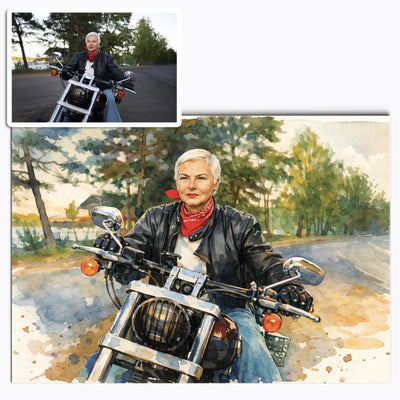 Votre photo transformée en portrait à l'aquarelle au format paysage, lavis vert et bleu et taches de couleur, imprimé en affiche (poster) et livré chez vous (exemple)