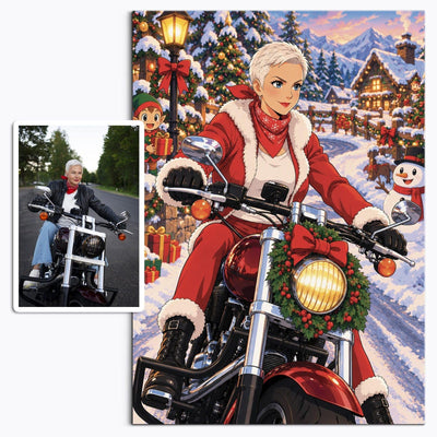 Votre photo transformée en image manga de Noël, couronne de houx, chalets et neige, couleurs franches en aplats, en affiche (poster) verticale et livrée chez vous (exemple)