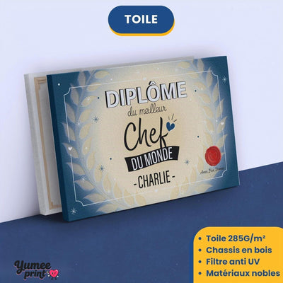 Diplôme « du meilleur chef du monde » sur toile canvas tendue sur châssis en bois, avec son prénom et votre signature, imprimé puis livré chez vous (exemple)