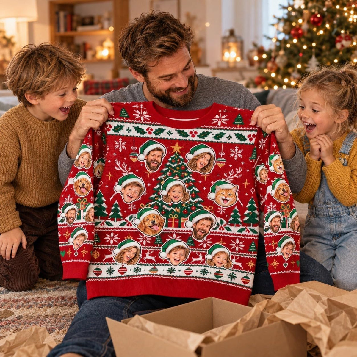 Sweat de Noël rouge à visages déballé de son colis en carton au pied du sapin : vous envoyez vos photos, elles sont imprimées sur tout le sweat et livrées chez vous (exemple)