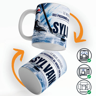 Mug hockey sur glace personnalisé qui tourne sur lui-même, avec trois pictogrammes : lave-vaisselle, micro-ondes et mug calé dans son emballage pour la livraison chez vous (exemple)