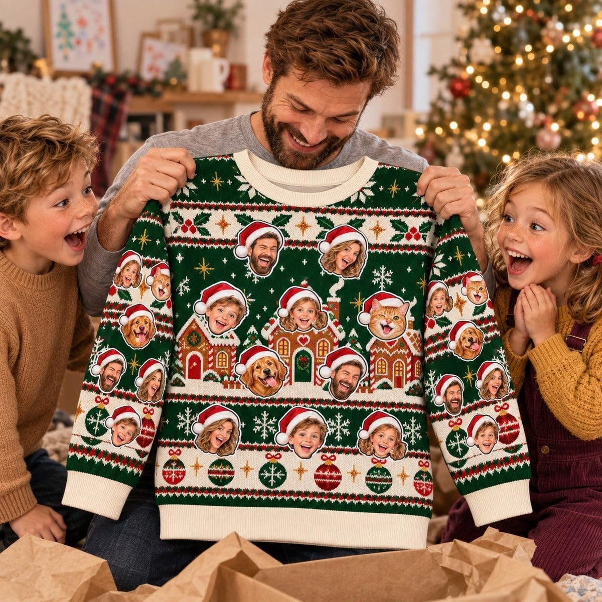 Sweat de Noël vert sapin à visages tout juste sorti de son colis : vous choisissez la taille et le nombre de visages, une photo pour chacun, imprimé et livré chez vous (exemple)