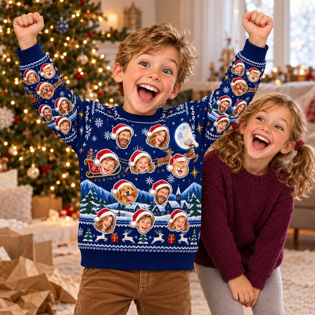 Sweat de Noël enfant bleu nuit à visages porté devant le sapin, un exemple pour les fêtes : vous choisissez sa taille et le nombre de visages, imprimé et livré chez vous (exemple)