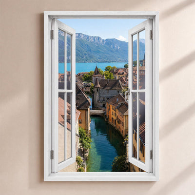 Trompe-l'œil sur Annecy : les canaux de la vieille ville et le lac entouré de montagnes, par une fenêtre blanche ouverte, sur toile canvas tendue ou plexiglas, livré chez vous (exemple)