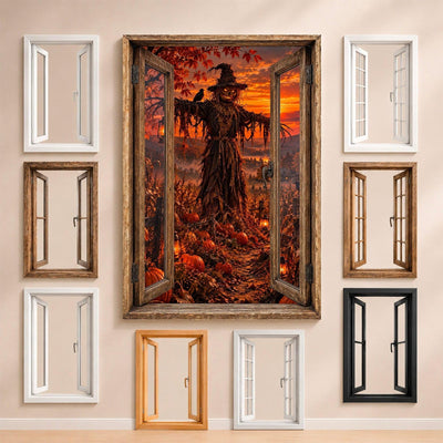 L'épouvantail et son corbeau devant un coucher de soleil flamboyant, entouré des fenêtres au choix : bois, PVC blanc, à carreaux, alu noir ou sans fenêtre, décor livré sur toile ou plexiglas (exemple)