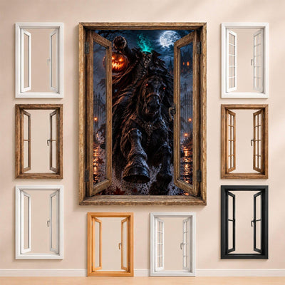 Le cavalier sans tête et son cheval noir aux yeux rouges, entouré des fenêtres au choix : bois, PVC blanc, à carreaux, alu noir ou sans fenêtre, décor livré sur toile ou plexiglas (exemple)
