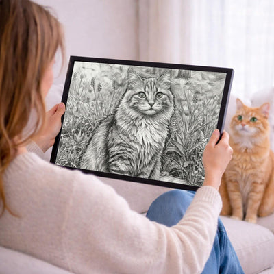 Votre photo devient un portrait au crayon gris en format paysage, ici en cadre noir tenu en main ; cadre noir, blanc, bois clair ou bois foncé au choix, livré chez vous (exemple)