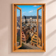 Trompe-l'œil sur Rennes : le parlement de Bretagne et les maisons à pans de bois, par une fenêtre en bois ouverte, sur toile canvas tendue ou plexiglas, livré chez vous (exemple)