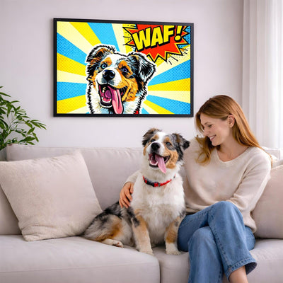 Portrait pop art en format paysage de votre chien d'après sa photo, accroché au salon en cadre noir ; aussi en affiche (poster), toile canvas ou plexiglas, livré chez vous (exemple)