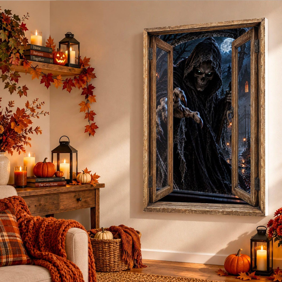 Dans un salon d'automne, la faucheuse au crâne grimaçant tend sa main osseuse par la fenêtre en trompe-l'œil, sur toile tendue, toile premium sur châssis de 4 cm ou plexiglas, décor livré (exemple)