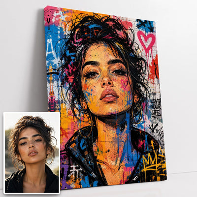 Création personnalisée : vous envoyez votre photo, elle devient un portrait street art graffiti, coulures, tags, cœurs et couronnes, imprimé sur toile canvas puis livré chez vous (exemple)