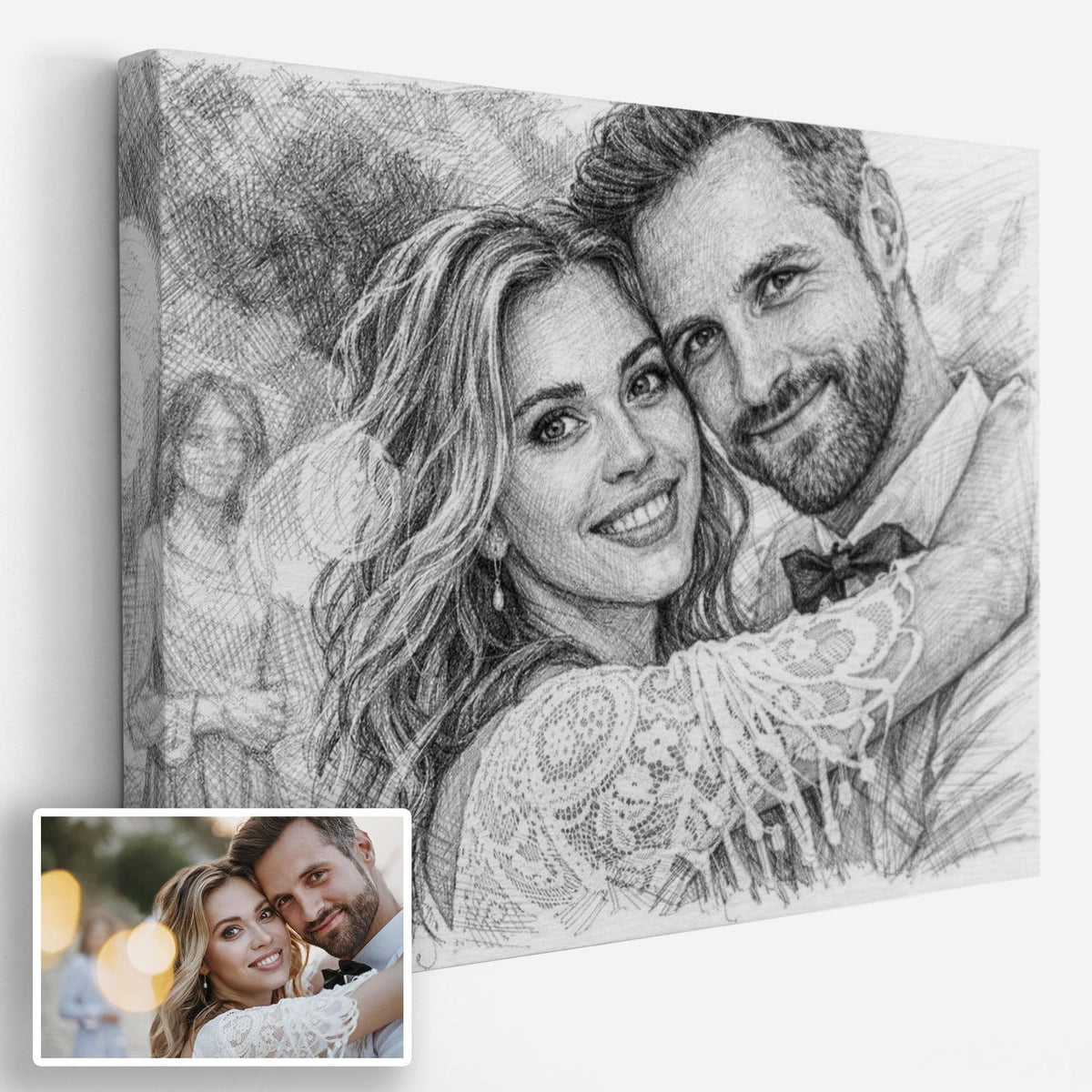 Création personnalisée en paysage : votre photo devient un portrait au crayon gris, hachures au graphite et estompe, imprimé sur toile canvas puis livré chez vous (exemple)