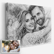Création personnalisée en paysage : votre photo devient un portrait au crayon gris, hachures au graphite et estompe, imprimé sur toile canvas puis livré chez vous (exemple)
