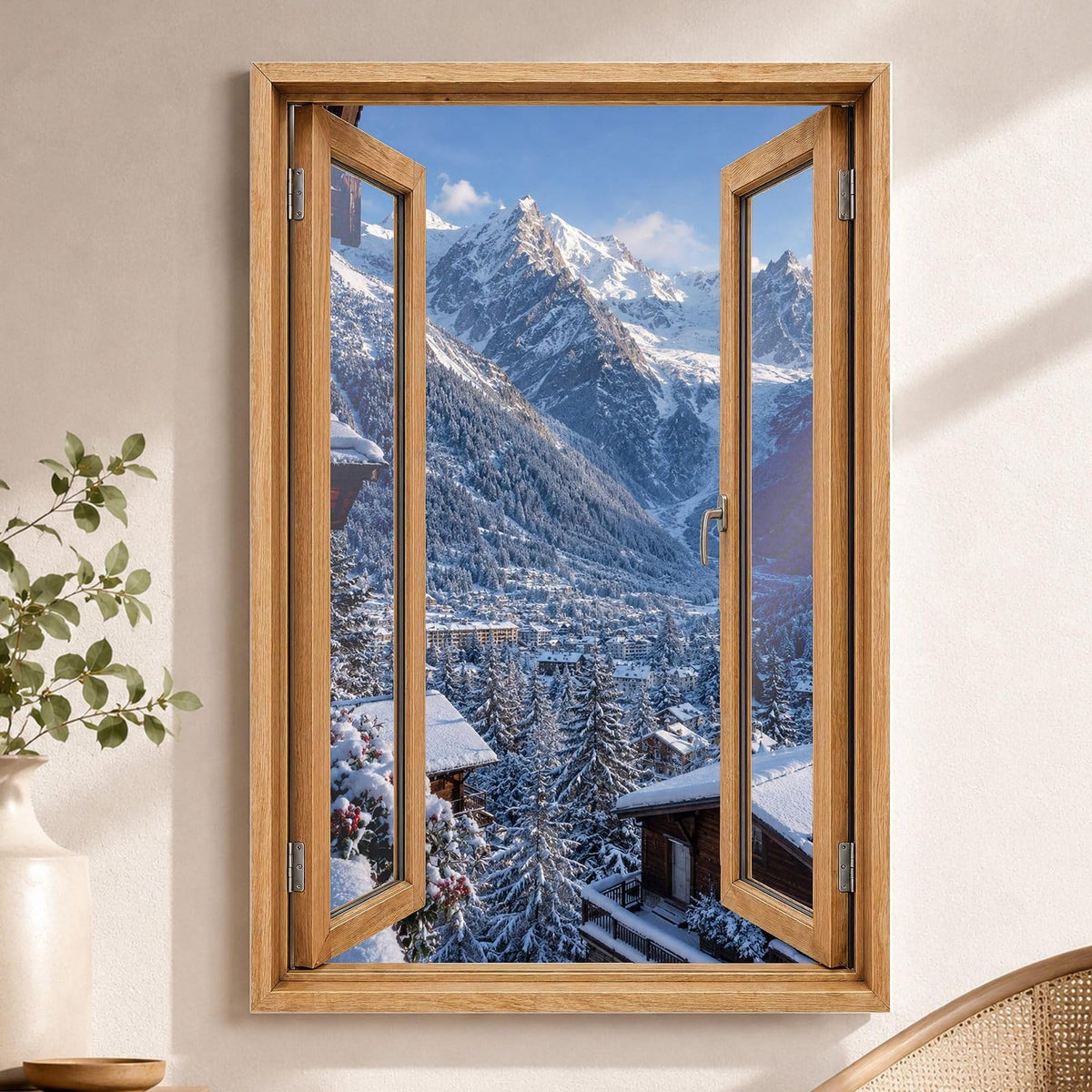 Trompe-l'œil sur Chamonix-Mont-Blanc : les sommets enneigés du massif et la vallée sous la neige, par une fenêtre en bois ouverte, sur toile canvas tendue ou plexiglas, livré chez vous (exemple)