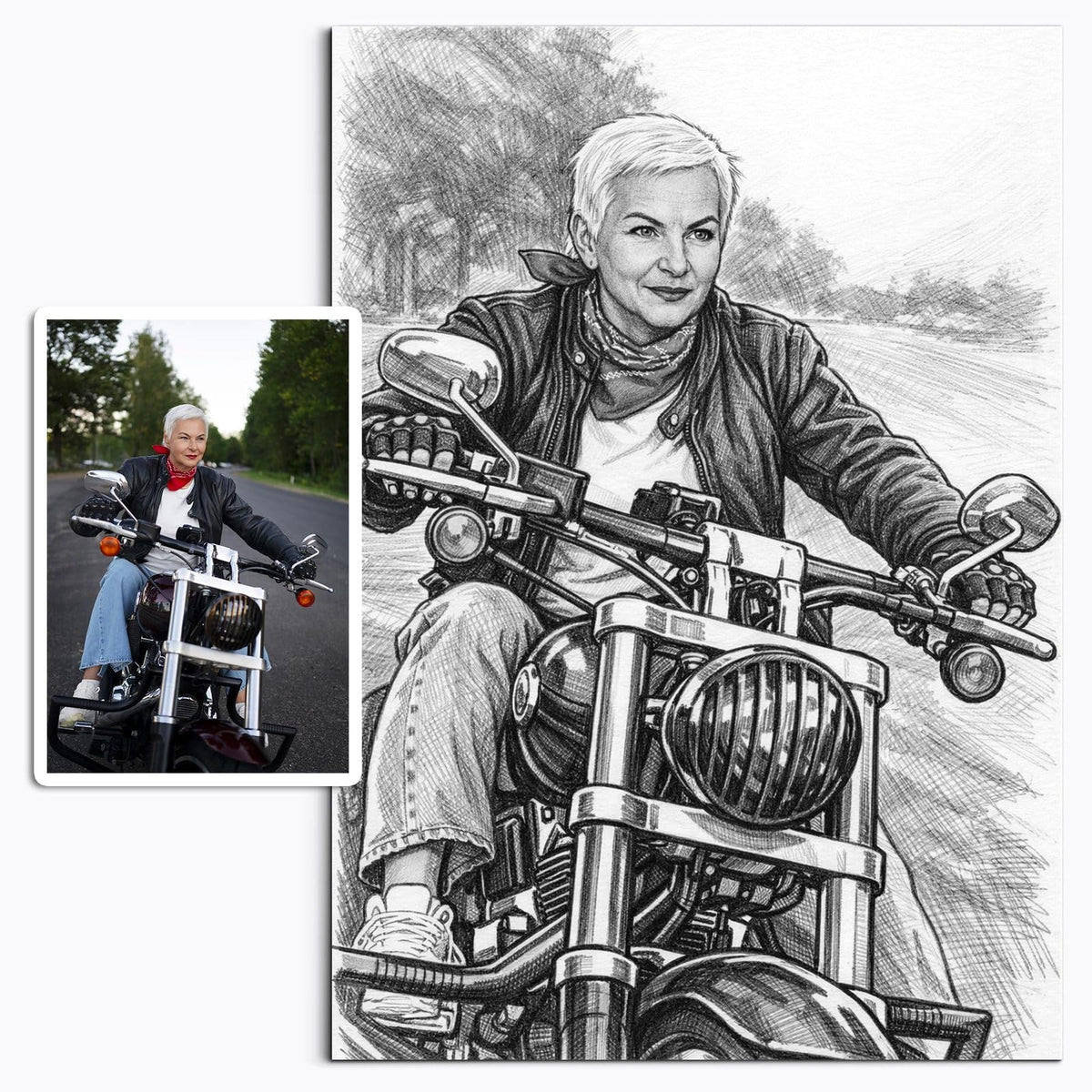 Votre photo transformée en portrait au crayon gris d'artiste, trait de mine précis et estompe, imprimé en affiche (poster) et livré chez vous ; photo d'origine à côté (exemple)