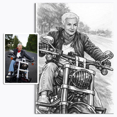 Votre photo transformée en portrait au crayon gris d'artiste, trait de mine précis et estompe, imprimé en affiche (poster) et livré chez vous ; photo d'origine à côté (exemple)