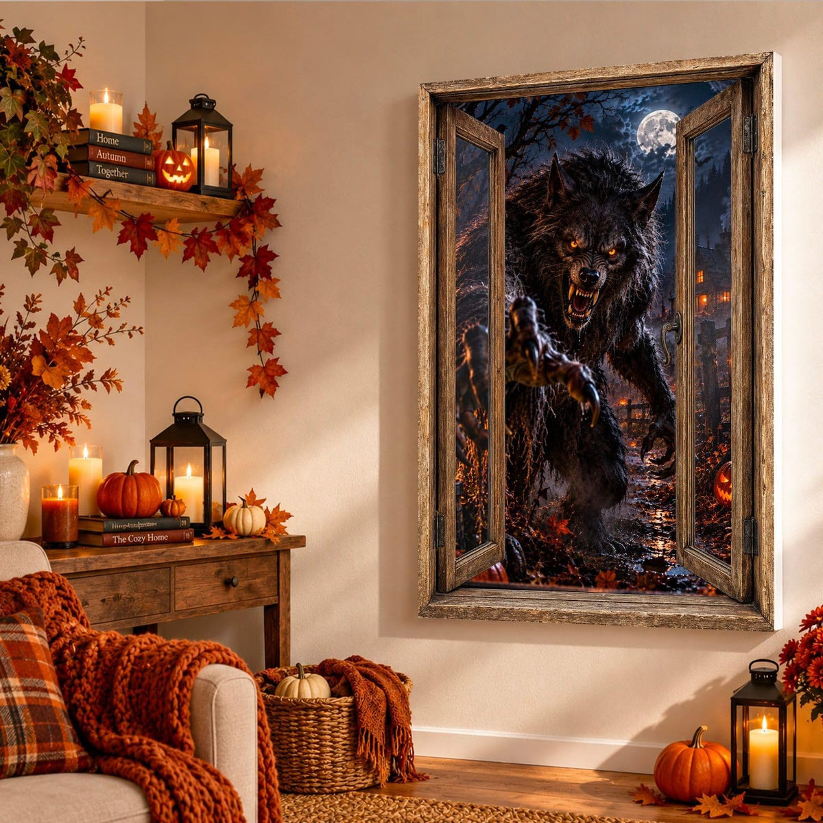 Dans un salon d'automne aux lanternes, le loup-garou griffes en avant semble sortir du mur en trompe-l'œil, sur toile tendue, toile premium sur châssis de 4 cm ou plexiglas, livré (exemple)