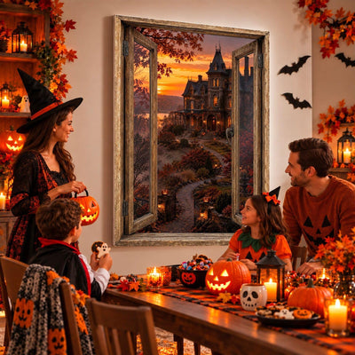 Idée d'usage : un goûter d'Halloween devant le manoir hanté aux fenêtres éclairées, sur toile ou plexiglas en 60 x 40 cm, 80 x 60 cm ou 120 x 80 cm, fenêtre au choix, livré (exemple)