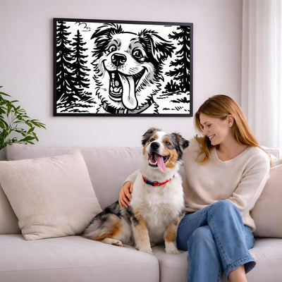 Portrait caricature noir et blanc en format paysage de votre chien d'après sa photo, accroché au salon en cadre noir ; aussi en affiche (poster), toile canvas ou plexiglas, livré chez vous (exemple)