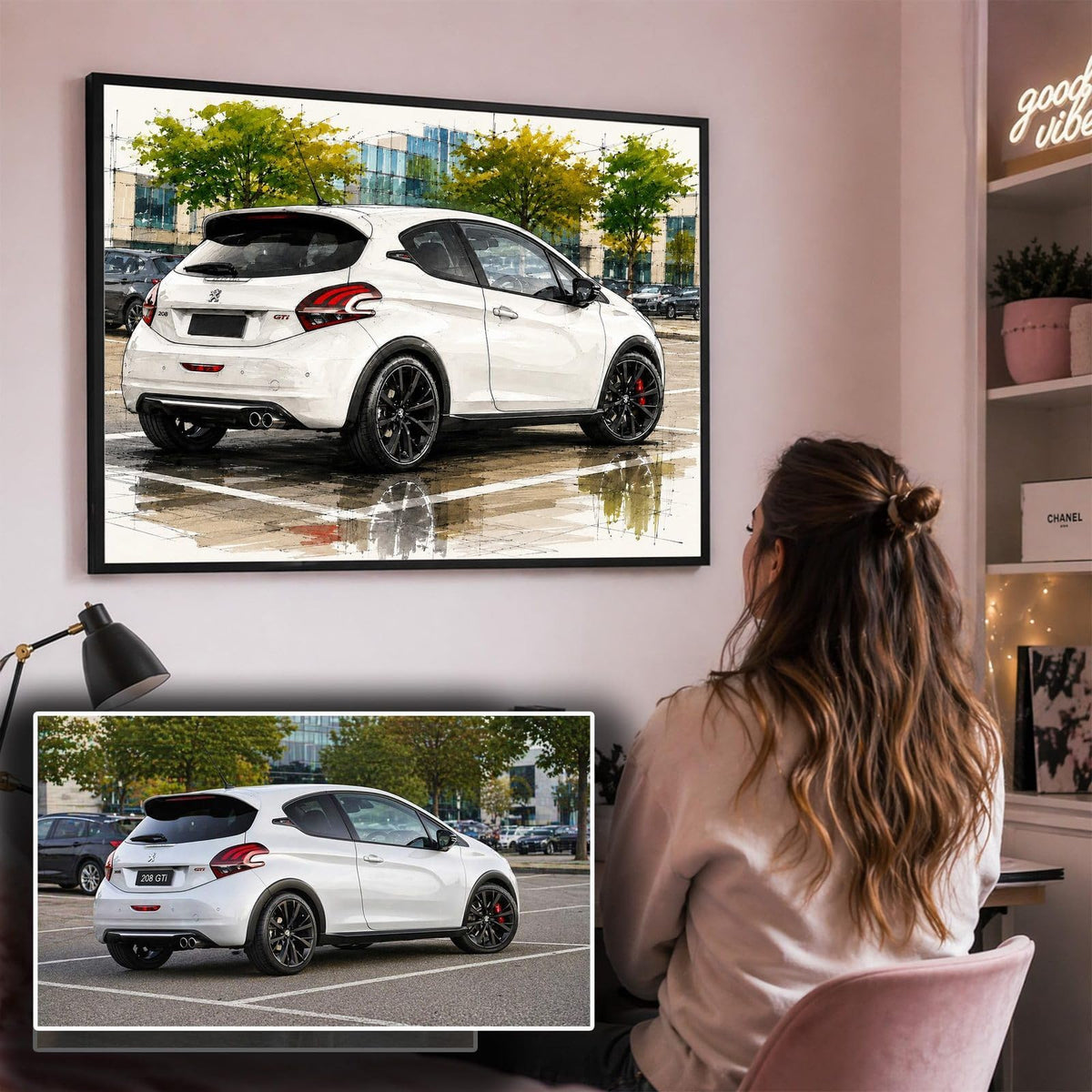 Illustration automobile façon sketch pro d'après photo, en cadre noir au mur d'un bureau ; aussi en affiche (poster), toile canvas ou plexiglas, imprimée et livrée chez vous (exemple)