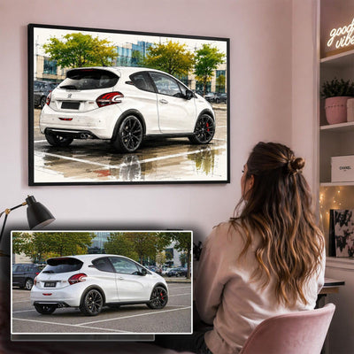 Illustration automobile façon sketch pro d'après photo, en cadre noir au mur d'un bureau ; aussi en affiche (poster), toile canvas ou plexiglas, imprimée et livrée chez vous (exemple)