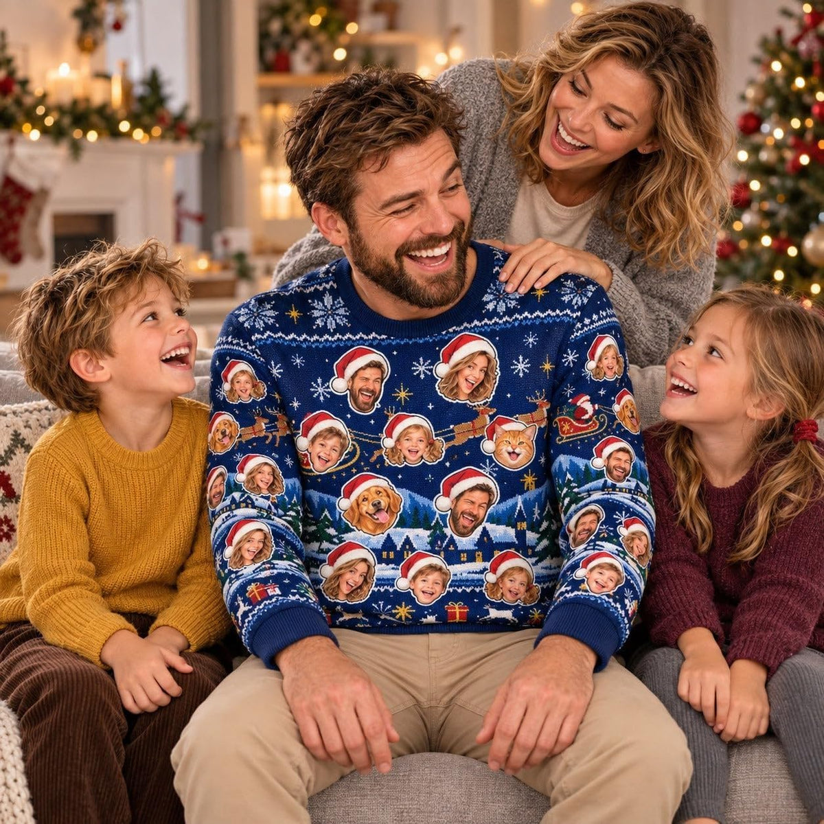 Sweat de Noël bleu nuit à visages porté au salon près du sapin, un exemple pour les fêtes : de 1 à 8 visages, une photo par personne ou animal, imprimé et livré chez vous (exemple)