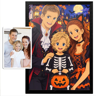 La photo d'origine en vignette et sa version manga d'Halloween, costumes attribués par notre atelier (vampire, chat, squelette), encadrée de noir à la verticale, livrée chez vous (exemple)
