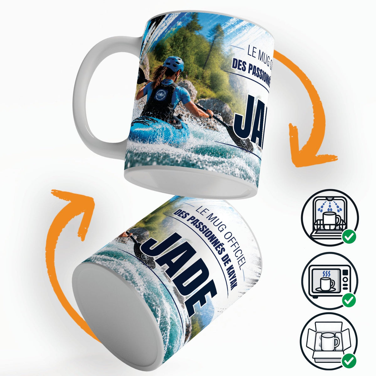 Mug kayak personnalisé qui tourne sur lui-même, avec trois pictogrammes : lave-vaisselle, micro-ondes et mug calé dans son emballage pour la livraison chez vous (exemple)