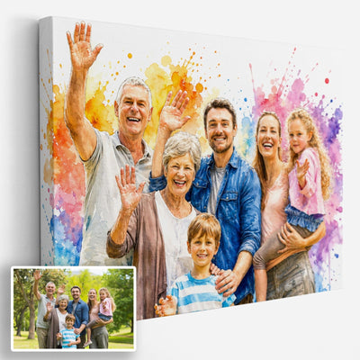 Création personnalisée en paysage : votre photo devient un portrait éclats de couleurs, éclaboussures d'aquarelle vives, imprimé sur toile canvas puis livré chez vous (exemple)