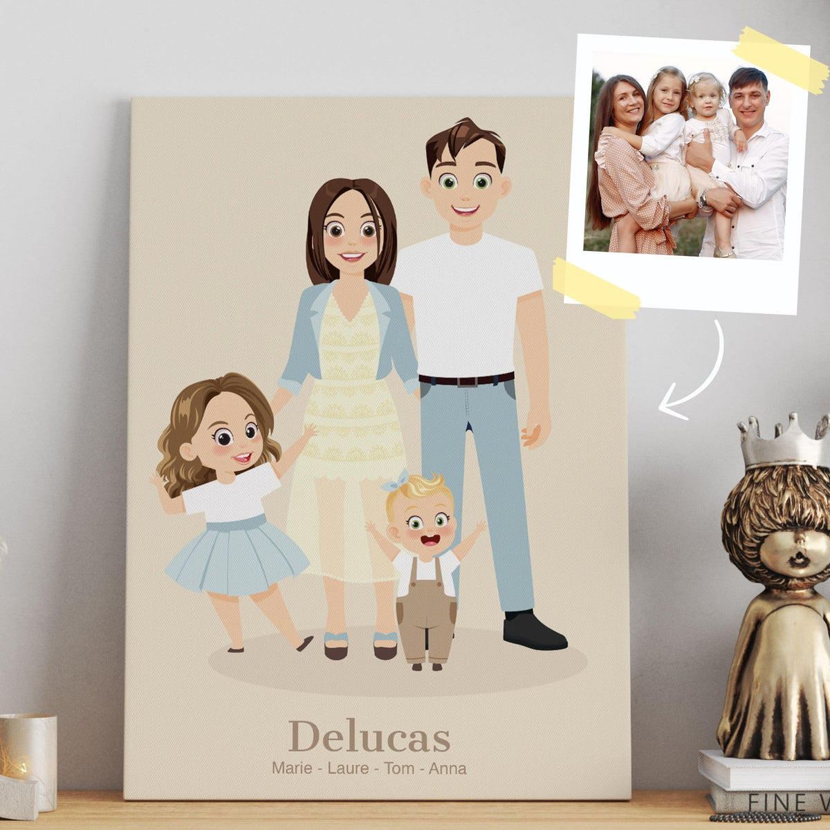 Portrait de famille illustré d'après votre photo, personnages au trait doux sur fond beige, avec votre nom de famille et les prénoms, imprimé sur toile canvas et livré chez vous (exemple)