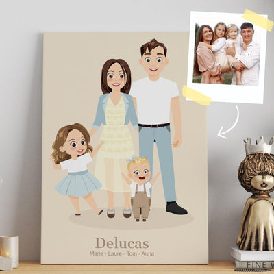 Portrait de famille illustré d'après votre photo, personnages au trait doux sur fond beige, avec votre nom de famille et les prénoms, imprimé sur toile canvas et livré chez vous (exemple)
