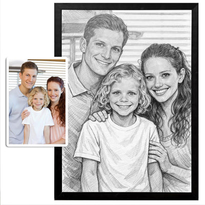 Portrait au crayon gris d'après votre photo, dégradés de gris et croquis du décor, présenté en cadre noir à côté de la photo d'origine, puis livré chez vous (exemple)
