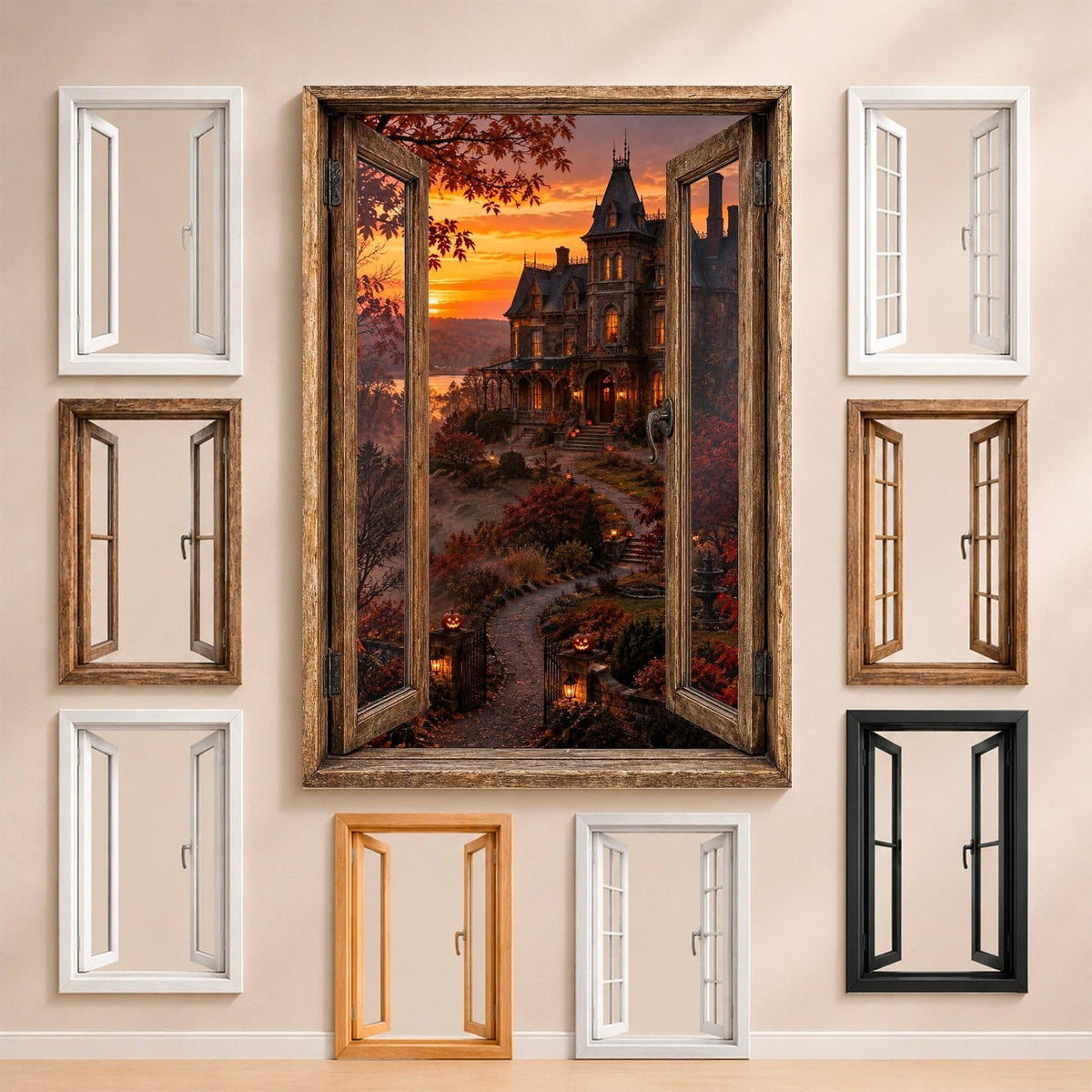 Le manoir hanté à tourelle au bord d'un lac, sous un ciel orangé, entouré des fenêtres au choix : bois, PVC blanc, à carreaux, alu noir ou sans fenêtre, décor livré sur toile ou plexiglas (exemple)