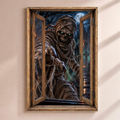 Déco Halloween en trompe-l'œil : une momie aux bandelettes déchirées et aux yeux verts, par une fenêtre en bois rustique, sur toile canvas tendue ou plexiglas, livrée chez vous (exemple)