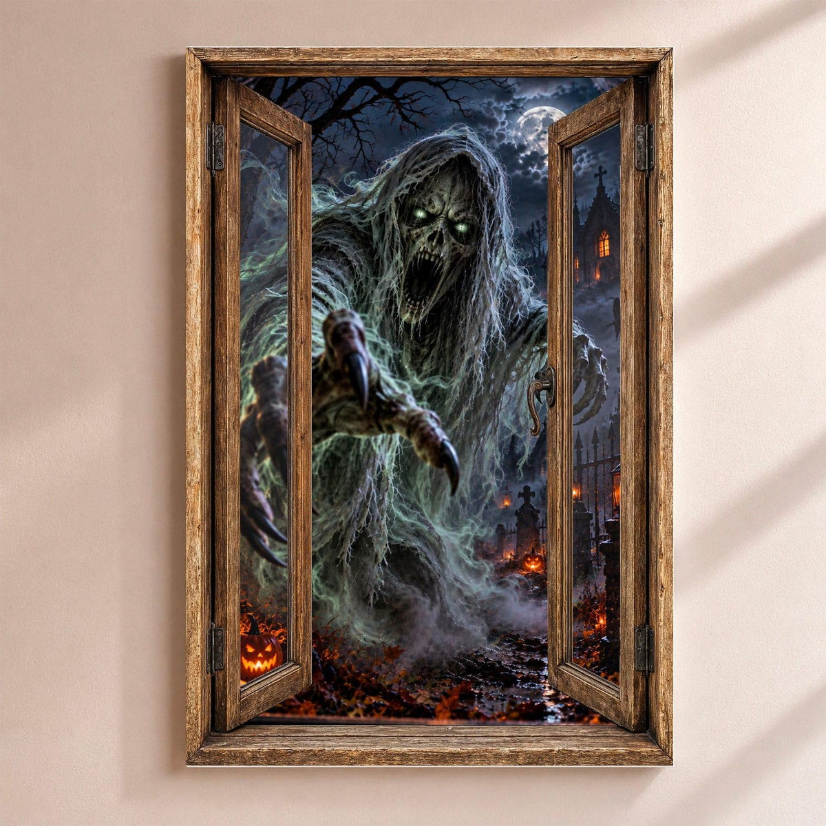 Déco Halloween en trompe-l'œil : un spectre de brume aux mains griffues qui surgit du cimetière, par une fenêtre en bois rustique, sur toile canvas tendue ou plexiglas, livrée chez vous (exemple)