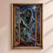 Déco Halloween en trompe-l'œil : un spectre de brume aux mains griffues qui surgit du cimetière, par une fenêtre en bois rustique, sur toile canvas tendue ou plexiglas, livrée chez vous (exemple)