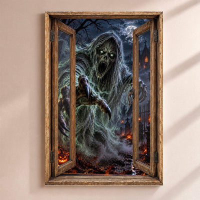 Déco Halloween en trompe-l'œil : un spectre de brume aux mains griffues qui surgit du cimetière, par une fenêtre en bois rustique, sur toile canvas tendue ou plexiglas, livrée chez vous (exemple)