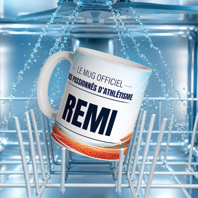Mug athlétisme au prénom dans le panier d'un lave-vaisselle : impression compatible lave-vaisselle ; neuf textes au choix, dont vos propres phrases, livré chez vous (exemple)