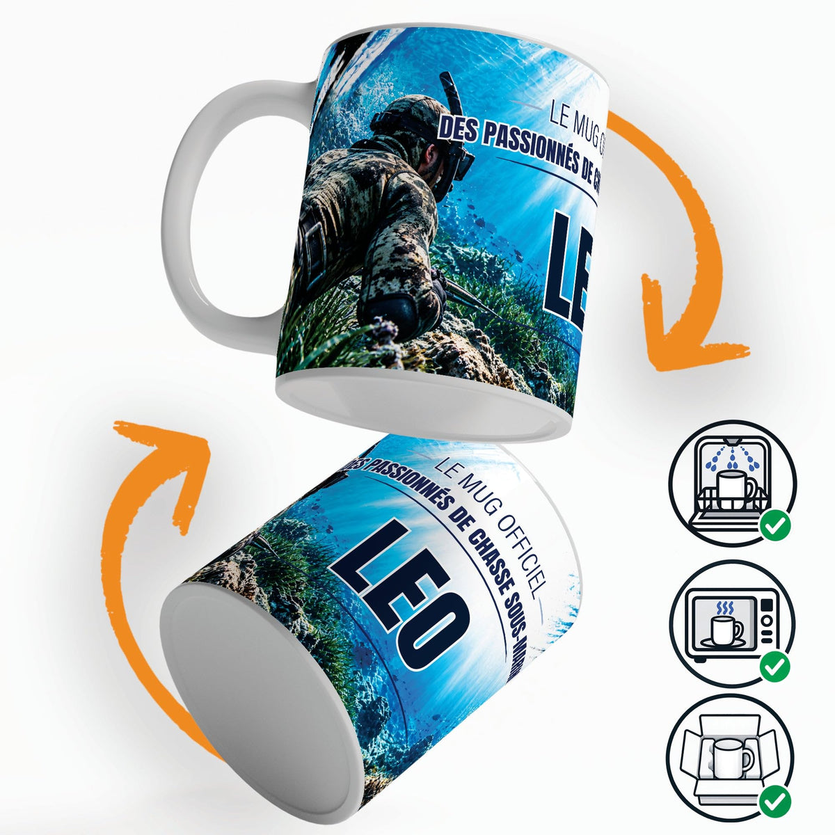 Mug chasse sous-marine personnalisé qui tourne sur lui-même, avec trois pictogrammes : lave-vaisselle, micro-ondes et mug calé dans son emballage pour la livraison chez vous (exemple)