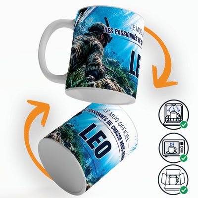 Mug chasse sous-marine personnalisé qui tourne sur lui-même, avec trois pictogrammes : lave-vaisselle, micro-ondes et mug calé dans son emballage pour la livraison chez vous (exemple)