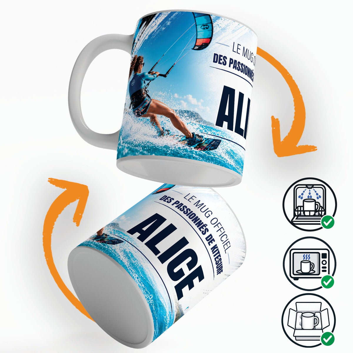 Mug kitesurf femme vu sous deux angles, prénom et texte au choix ; compatible lave-vaisselle et micro-ondes, expédié calé dans une boîte en carton jusque chez vous (exemple)