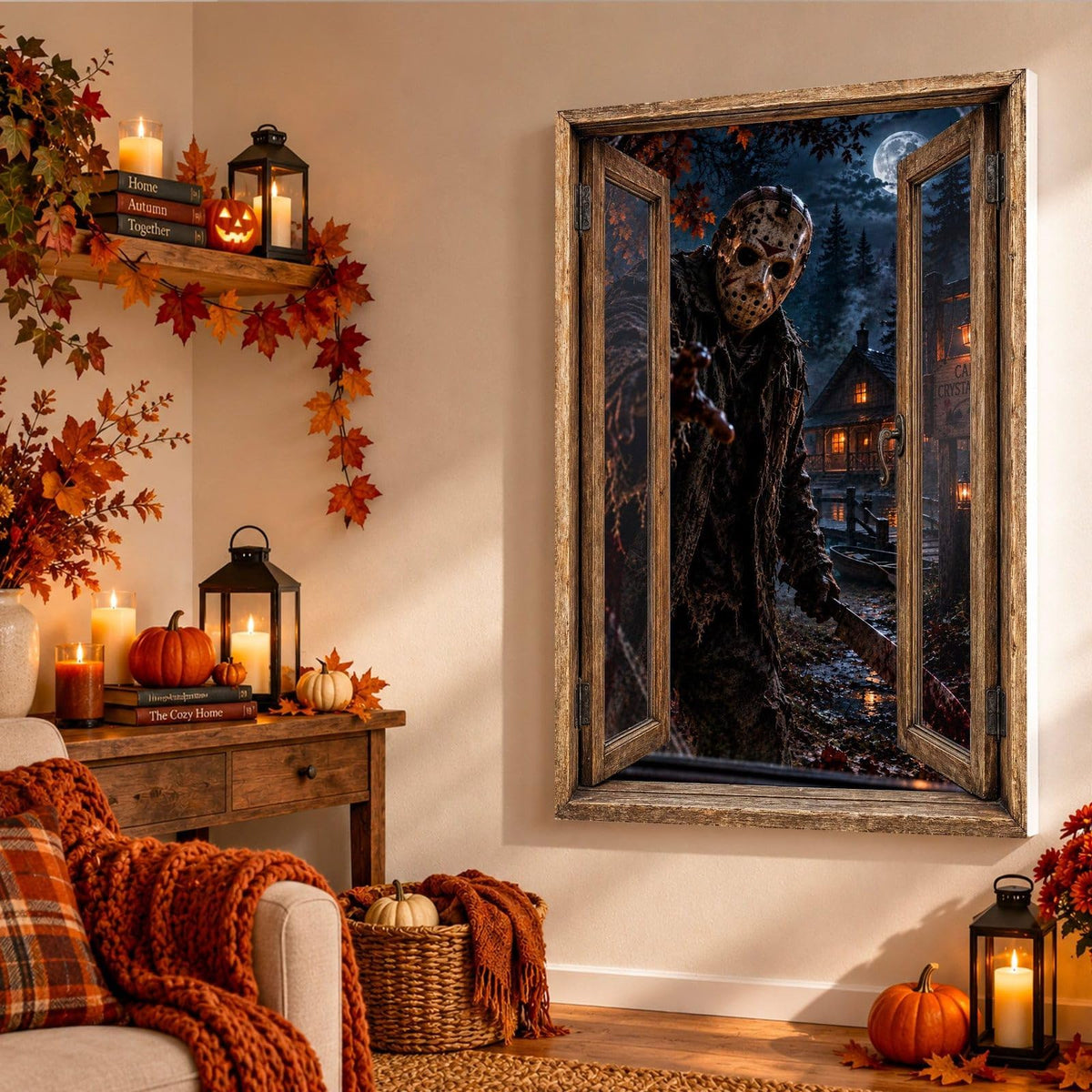 Dans un salon d'automne aux bougies, la silhouette masquée tend le bras hors de la fenêtre en trompe-l'œil, sur toile tendue, toile premium sur châssis de 4 cm ou plexiglas, décor livré (exemple)