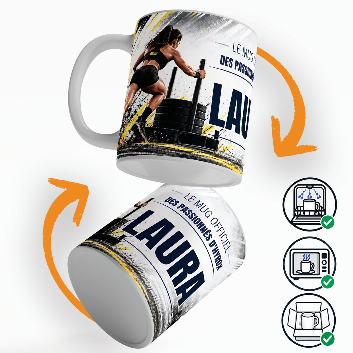 Mug façon Hyrox personnalisé qui tourne sur lui-même, avec trois pictogrammes : lave-vaisselle, micro-ondes et mug calé dans son emballage pour la livraison chez vous (exemple)