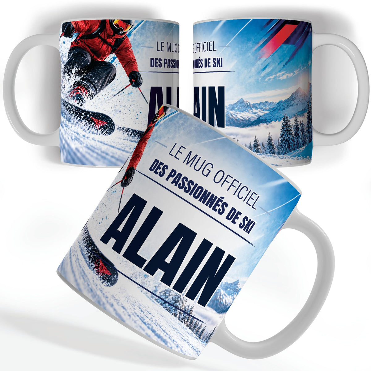 Mug ski vu de face et de dos : skieur dans la poudreuse, « Le mug officiel des passionnés de ski » et votre prénom, imprimés sur céramique blanche et livrés chez vous (exemple)